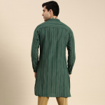 Men Green & Gold-Toned Striped Mandarin-Collar Kurta